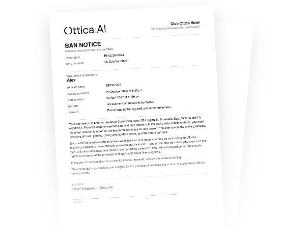 A venue banning notice showing the grounds for the ban, its duration and reference number