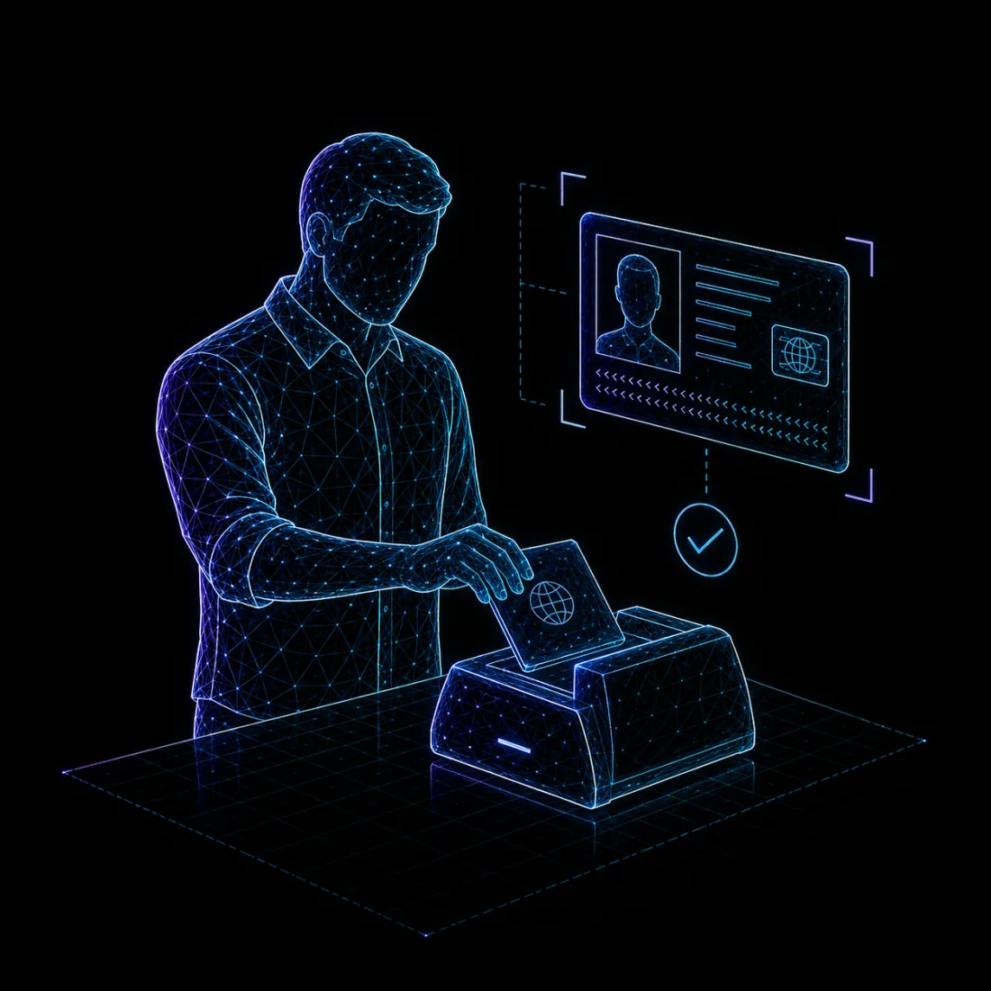 Wireframe cashier feeding an identity document into a three-light scanner, with the read licence fields verified beside
