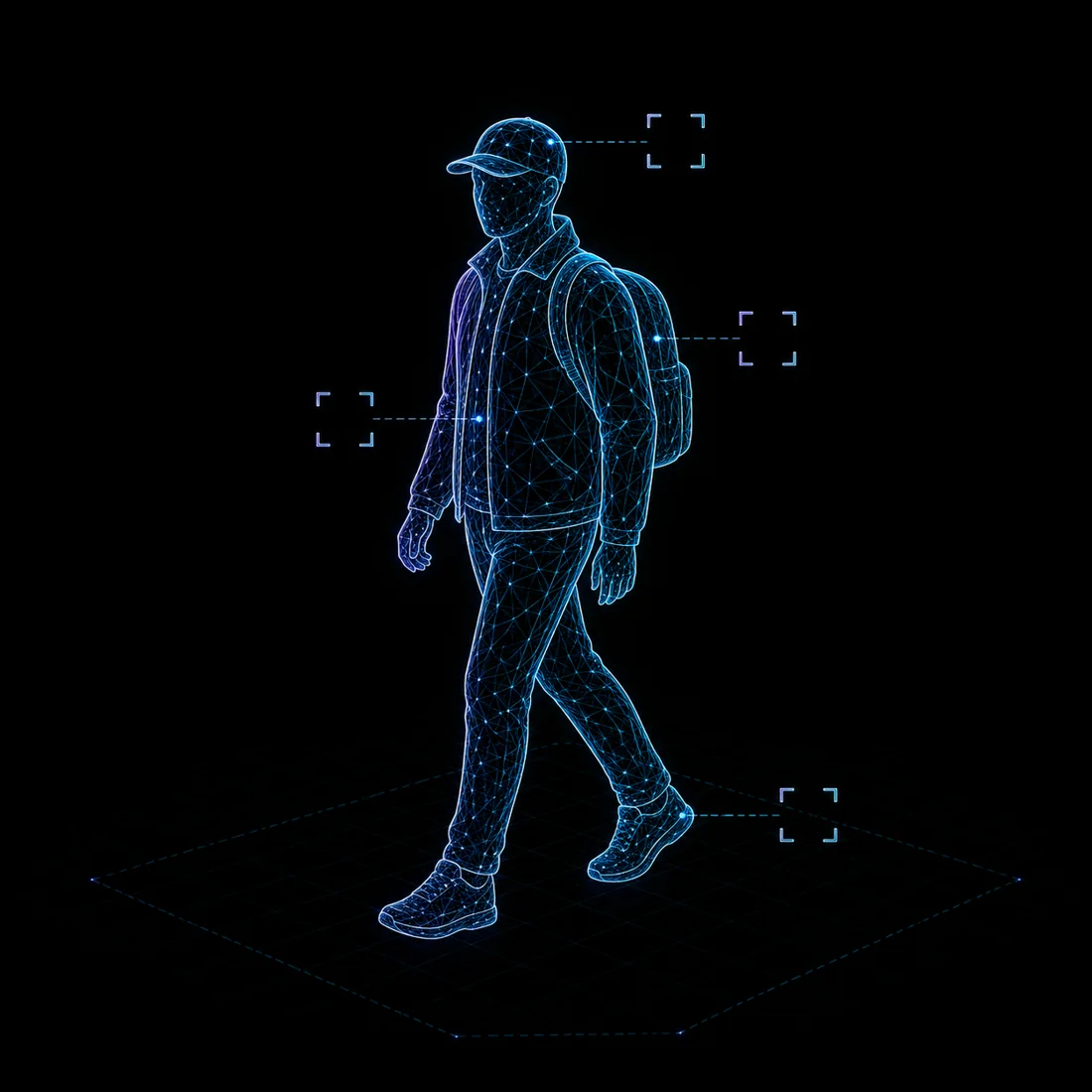 Wireframe full-body figure with attribute brackets, pedestrian attribute recognition