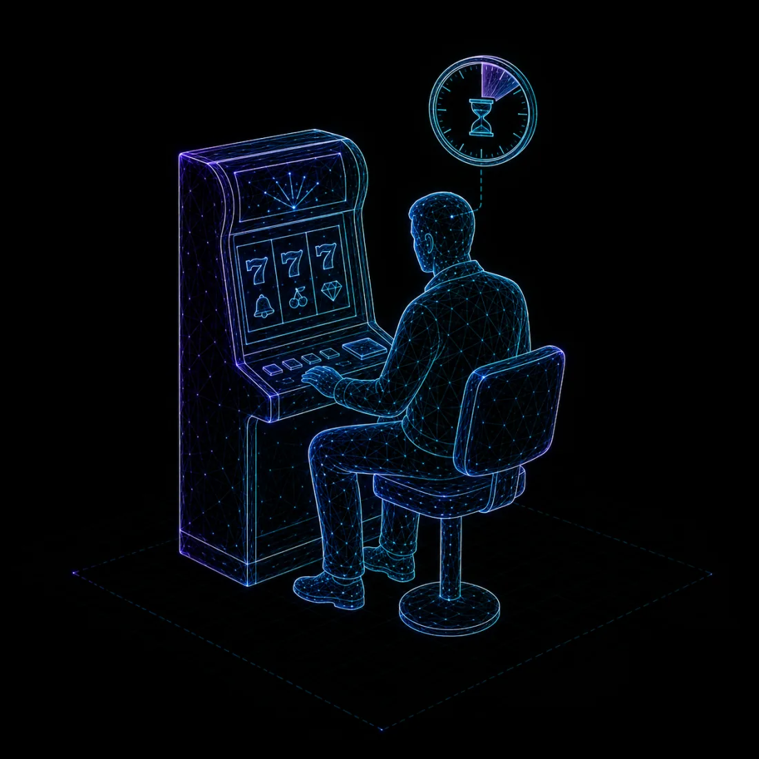 Wireframe patron seated at a gaming machine with a session timer overhead, gaming room welfare monitoring